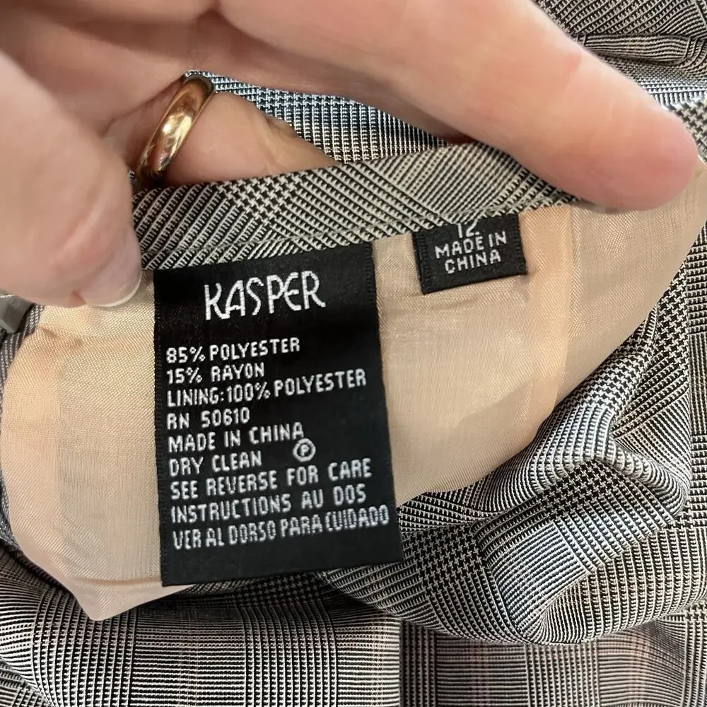 Kasper Skirt size 12 Black Peach Hounds Tooth Plaid Straight Midi Pleats Career